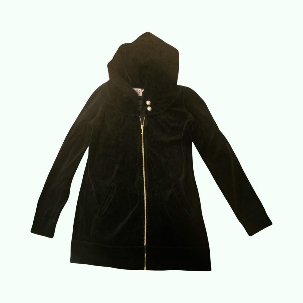 Juicy Couture Black Velour‎ Longline Full Zip Hoodie Gold Crest Buttons Womens M